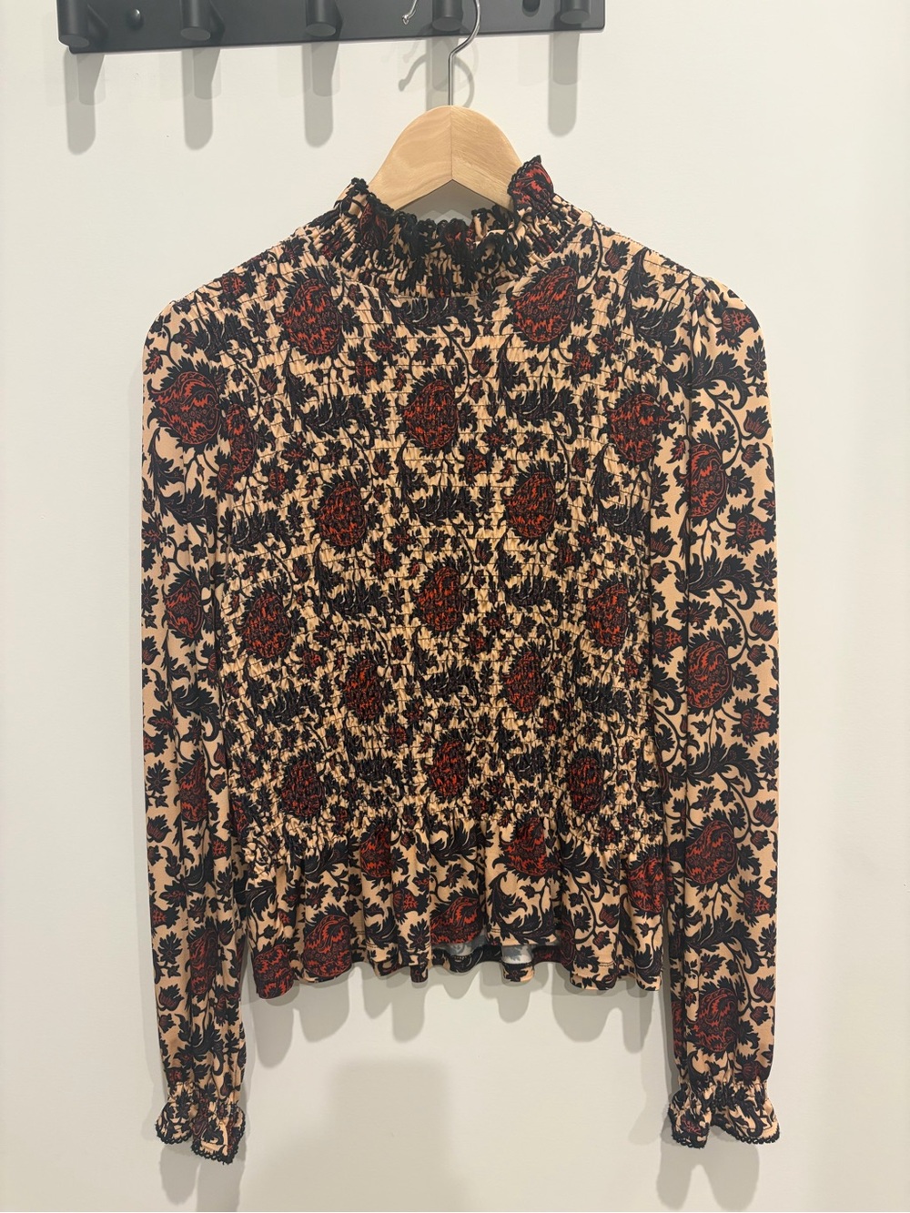 Sandro Beige Blouse with Black & Red Floral Smocking
